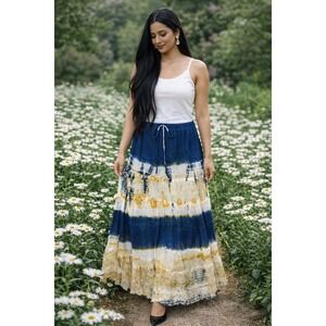 Metrowear Blue Tie Dye Cotton Crinkle Maxi Skirt Boho Tiered Drawstring Sm NWT